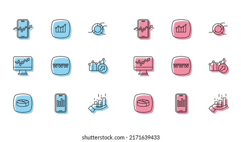 Set line Pie chart infographic, Mobile with, stock trading, Financial growth, Website template, Monitor and  icon. Vector