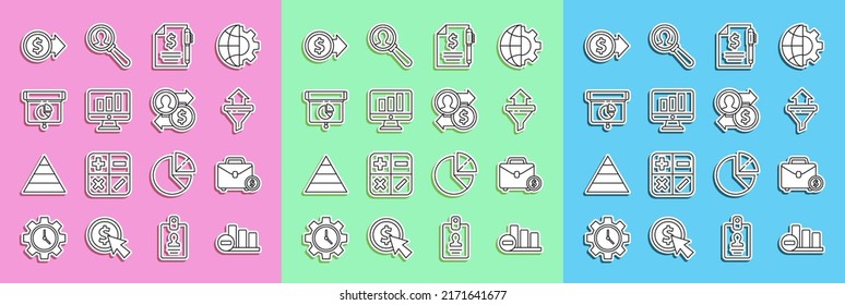 Set line Pie chart infographic, Briefcase and money, Sales funnel with arrows, Contract pen, Monitor, Graph, chart, diagram,, Coin dollar and Job promotion exchange icon. Vector