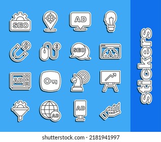 Set line Pie chart infographic, Board with, Website statistic, Advertising, Magnet money, SEO optimization and  icon. Vector
