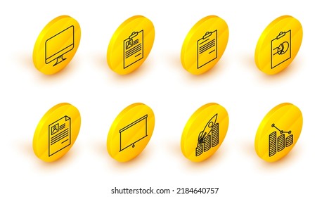 Set line Pie chart infographic and coin, Rocket flying up on coins growth, Chalkboard, Resume, Clipboard with, Document, resume and Computer monitor screen icon. Vector