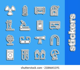 Set line Pie chart infographic, Electrical measuring instruments, Computer monitor with cardiogram, Microscope, Glass test tube flask fire heater, Radioactive and Clipboard document icon. Vector