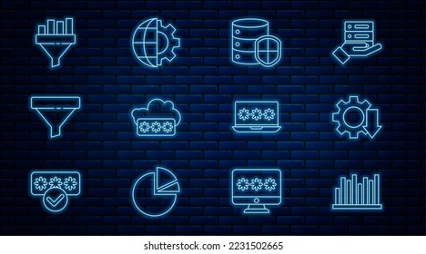 Set line Pie chart infographic, Cost reduction, Server with shield, Password protection, Sales funnel, Laptop password and Globe of the Earth and gear icon. Vector