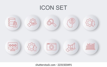 Set line Pie chart infographic, Monitor with password, Magnifying glass and gear, Server security lock, Hand settings, Arrow growth and Browser icon. Vector