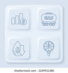 Set line Pie chart infographic and dollar, Gas railway cistern, Drop in crude oil price and Motor gas gauge. White square button. Vector