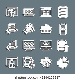 Set line Pie chart infographic, Server, Data, Web Hosting, Mobile with exclamation mark, Browser setting, Hand settings gear, shield and Password protection icon. Vector