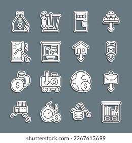 Fijar la infografía de la gráfica de línea Pie, Briefcase, Drop el precio del crudo, la puerta de la celda de la prisión, Mobile stock trading, Money bag y el icono Caer los precios de las propiedades. Vector
