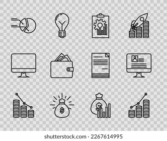 Set line Pie chart infographic and coin, Clipboard with, Money bag, Wallet stacks paper money cash, diagram and Computer monitor resume icon. Vector