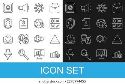 Set line Pie chart infographic and dollar, Pyramid infographics, Calculator, Business network communication, Contract money, User protection, Safe and Star icon. Vector