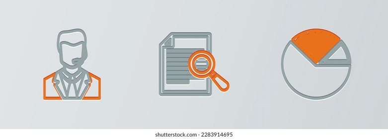Establecer la infografía de gráfico circular de línea, Hombre con auriculares y icono de búsqueda de documentos. Vector