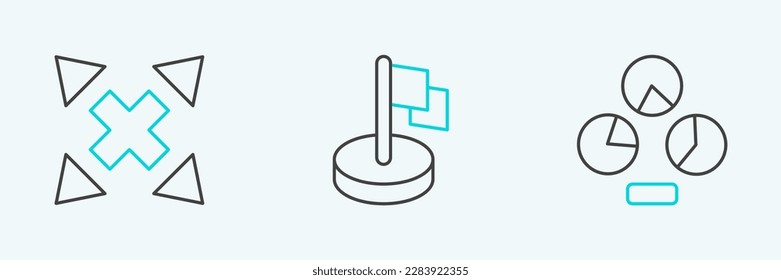 Set line Pie chart infographic, Many ways directional arrow and Flag icon. Vector