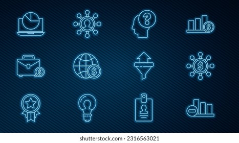 Fijar la línea de la infografía del gráfico circular, Dólar, compartir, red, cabeza humana con signo de interrogación, globo terrestre, maletín y dinero, Laptop, flechas de embudo de ventas e icono de comunicación comercial. Vector