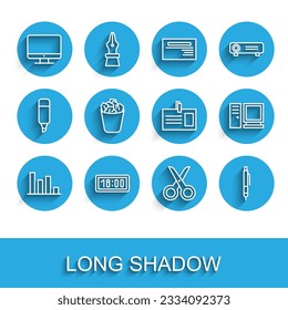 Set line Pie chart infographic, Digital alarm clock, Computer monitor screen, Scissors, Pen, Full trash can,  and Identification badge icon. Vector