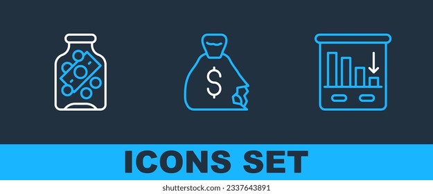 Set line Pie chart infographic, Glass money jar with coin and Money bag icon. Vector