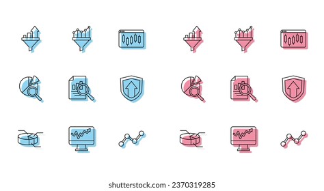Establecer la infografía de gráfico circular de línea, Monitor con, embudo de ventas, Gráfico, Documento, Crecimiento financiero, Análisis de datos de búsqueda e icono. Vector