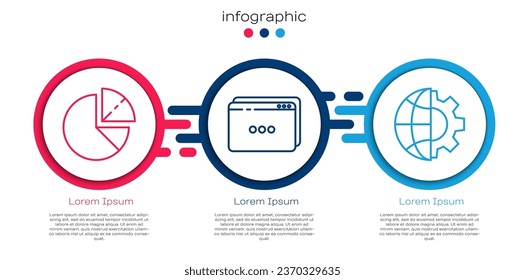 Set line Pie chart infographic, Website template and Globe of the Earth and gear. Business infographic template. Vector
