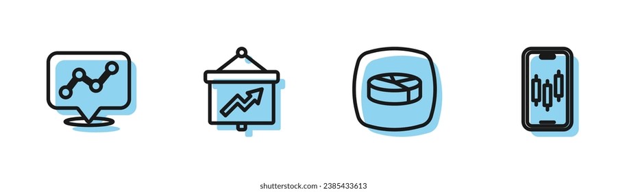 Set line Pie chart infographic, Graph, Board with and Mobile stock trading icon. Vector
