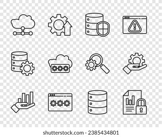 Set line Pie chart infographic, Document and lock, Server with shield, Password protection, Network cloud connection, Server, Data, Web Hosting and Hand settings gear icon. Vector