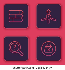Set line Pie chart infographic, Unknown search, Arrow and Shopping bag with Sale. Blue square button. Vector