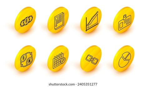 Set line Pie chart infographic, Chain link, Calendar, Money exchange, Identification badge, File document and Coin money with dollar symbol icon. Vector