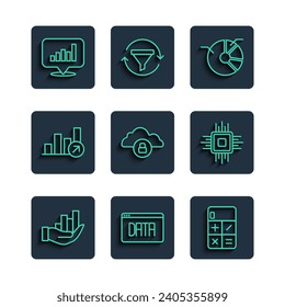 Establecer infografía de gráfico circular de línea, análisis de datos, Calculadora, bloqueo de computación en nube, crecimiento financiero e icono de CPU del procesador. Vector