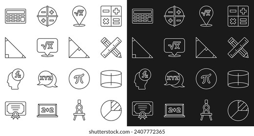 Set line Pie chart infographic, Geometric figure Cylinder, Crossed ruler and pencil, Square root of x glyph, Triangle math, Calculator and Angle bisector triangle icon. Vector