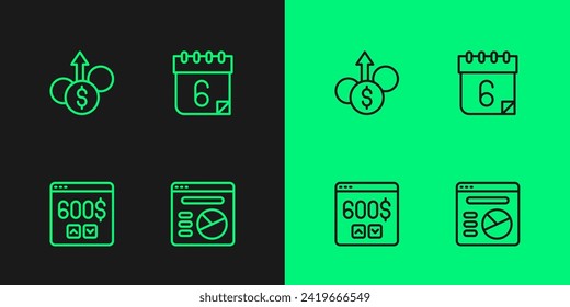 Fijar la infografía del gráfico circular de línea, Monitor con dólar, Crecimiento financiero e icono Calendario. Vector