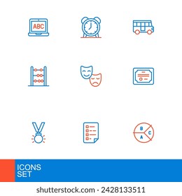 Set line Pie chart infographic, Clipboard with checklist, Medal, Certificate template, Abacus, Comedy and tragedy masks, School Bus and Alarm clock icon. Vector