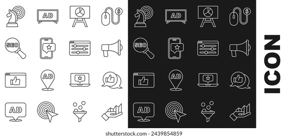 Fijar línea Gráfico circular infográfico, Valoración del producto del cliente, Megáfono, Tablero con, Revisión móvil, optimización SEO, Ajedrez y el icono de configuración del navegador. Vector