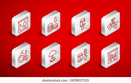 Set line Pie chart infographic, Dollar rate decrease, Drop crude oil price, Tearing money banknote, Storm and Money bomb dollar crisis icon. Vector