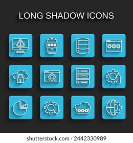 Fijar línea Gráfico circular infográfico, Monitor con signo de exclamación, Protección por contraseña, Globo de la Tierra y engranaje, Configuración del navegador, Crecimiento de flecha y servidor, Datos, Web Hosting icono. Vector