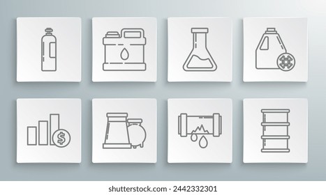 Set line Pie chart infographic and dollar, Broken metal pipe with leaking water, Barrel, Test tube flask, Antifreeze canister and Industrial cylinder tank icon. Vector