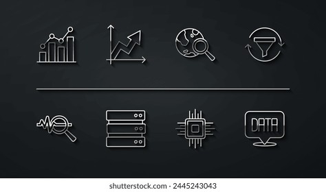 Set line Pie chart infographic, Search data analysis, Sales funnel with, Processor CPU, Server, Financial growth, Data and globe icon. Vector