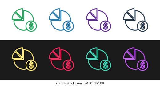 Set line Pie chart infographic and dollar symbol icon isolated on black and white background. Diagram chart sign.  Vector