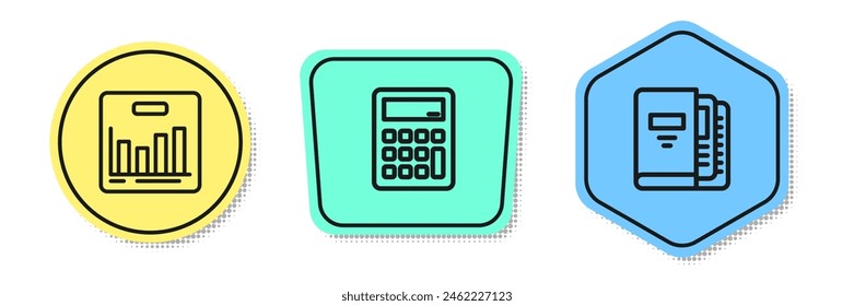 Set line Pie chart infographic, Calculator and Office folders. Colored shapes. Vector