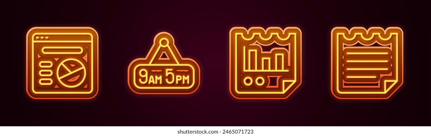 Set line Pie chart infographic, From 9 to 5 job, Document with and Notebook. Glowing neon icon. Vector