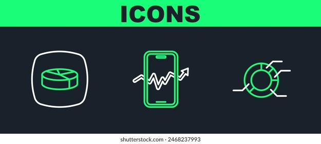 Set line Pie chart infographic,  and Mobile stock trading icon. Vector