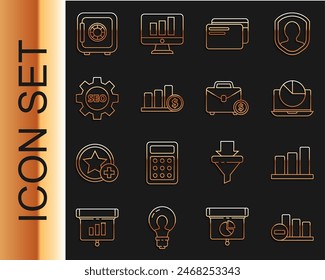 Set line Pie chart infographic, Laptop with, Credit card, and dollar, Seo tag gear wheel, Safe and Briefcase money icon. Vector