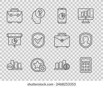 Set line Pie chart infographic, Calculator, Mobile phone with, Star, Briefcase, Shield check mark, and dollar and User protection icon. Vector