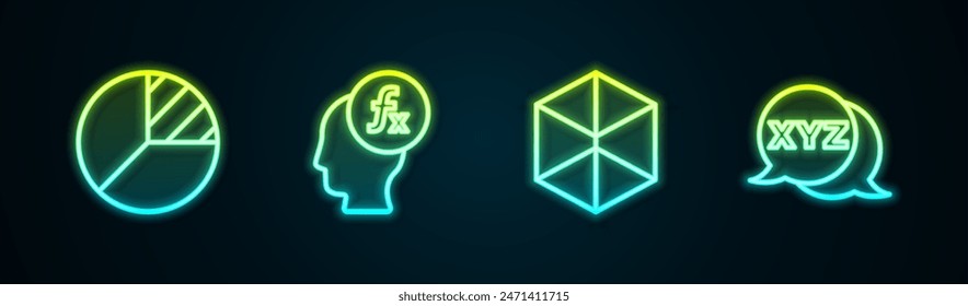 Set line Pie chart infographic, Function mathematical symbol, Geometric figure Cube and XYZ Coordinate system. Glowing neon icon. Vector