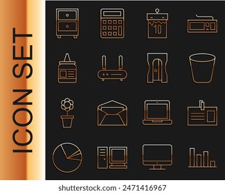 Infografía de la gráfica circular, insignia de Identificación, papelera, calendario, router y señal wi-fi, pegamento, cajón con documentos e ícono de sacapuntas. Vector