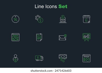 Set line Pie chart infographic, Stacks paper money cash, Armored truck, Business investor, Monitor with, Mail and e-mail, Resume and Online shopping screen icon. Vector