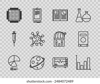 Fijar línea Gráfico circular infográfico, Libro abierto, Planeta, Procesador, Bacterias, Monitor de ordenador con cardiograma e icono de libro. Vector
