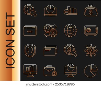 Set line Pie chart infographic, Dollar, share, network, Safe, Job promotion exchange money, Website template, User of man business suit and Globe the Earth and gear icon. Vector