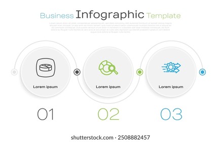 Definir infográfico de gráfico de Pizza de linha, Análise de dados de pesquisa e Gerenciamento de tempo. Modelo de infográfico comercial. Vetor