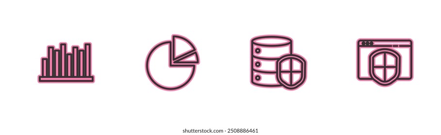 Set line Pie chart infographic, Server with shield,  and Browser icon. Vector