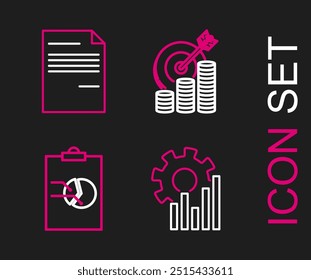 Set line Pie chart infographic, Clipboard with, Target coin symbol and Document icon. Vector
