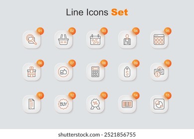 Set line Pie chart infographic, Barcode, Discount percent tag, Buy button, Financial check, Stacks paper money cash, Price with dollar and Calculator icon. Vector