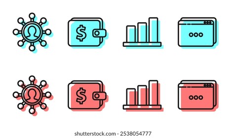 Set line Pie chart infographic, Business network and communication, Wallet with dollar and Website template icon. Vector