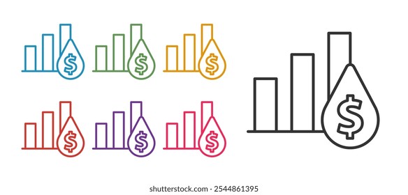 Set line Pie chart infographic and dollar symbol icon isolated on white background. Diagram chart sign. Set icons colorful. Vector