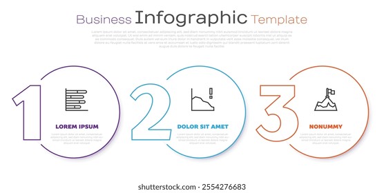 Set line Pie chart infographic, Financial growth decrease and Mountains with flag. Business infographic template. Vector
